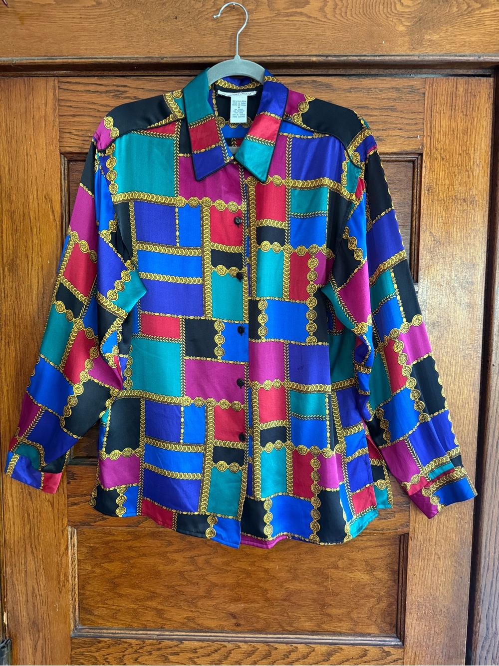 VINTAGE 100% Silk Button Down Blouse 80’s 90’s Funky Colorblock Geometric M